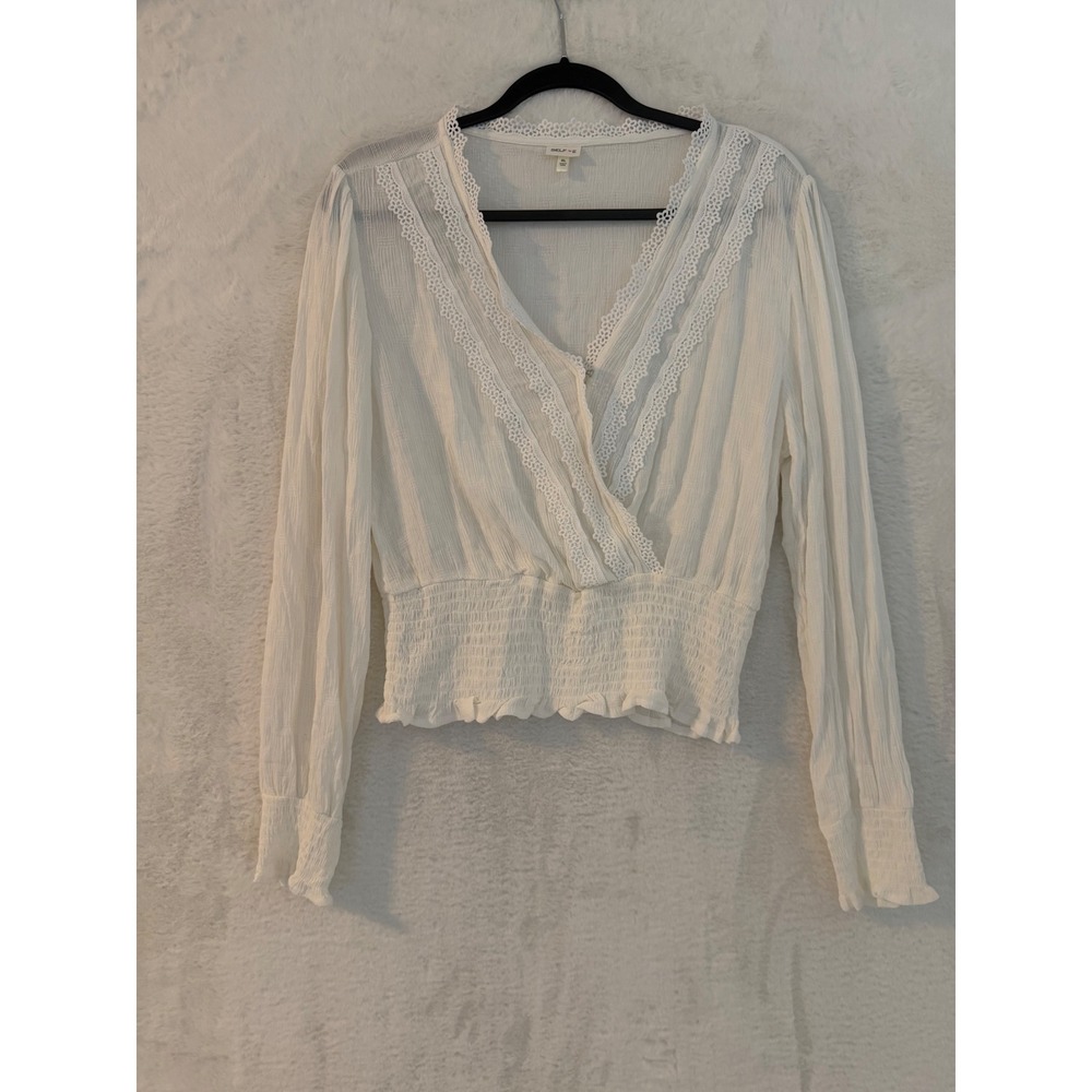 Selfie White Crochet Lace‎ Trim Smocked Waist Blouse XL Long Sleeve Boho Top